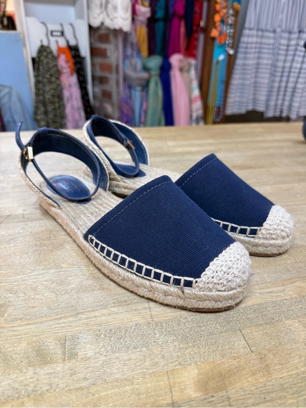 SCHUTZ Greeca Navy Canvas Espadrille Ankle-Strap Flats Sz 10
